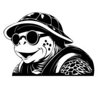 tortue dans une chapeau et des lunettes de soleil. vecteur illustration. noir et blanche.