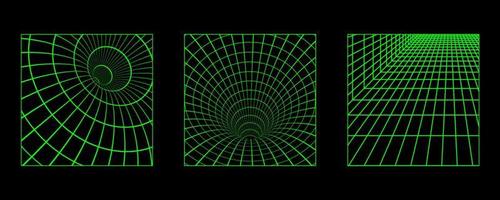 3d filaire affiches avec géométrique formes et grilles dans branché rétro cyberpunk Années 80 Années 90 style. y2k esthétique vecteur