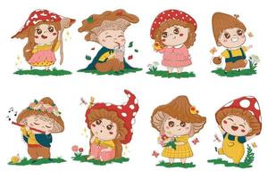 collection de marrant Fée conte personnages de les enfants avec champignon Chapeaux dans dessin animé griffonnage style. clipart pour décoration de enfants marchandises, papeterie, garderie vecteur