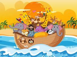 l'arche de noé avec des animaux dans la scène de l'océan vecteur