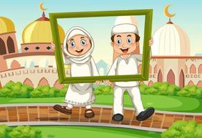 couple musulman avec cadre photo sur fond de mosquée vecteur