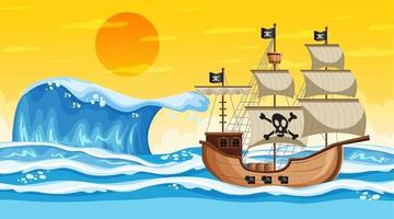 scène de l & # 39; océan au coucher du soleil avec bateau pirate en style cartoon vecteur