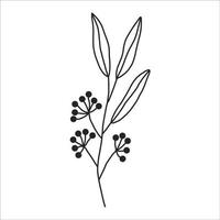 noir silhouette de une plante branche. fleur branche dans contour style main tiré sur isolé blanc Contexte. vecteur Stock illustration. tropical feuilles. minimal ligne art pour imprimer, couverture ou tatouage.
