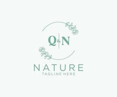 initiale qn des lettres botanique féminin logo modèle floral, modifiable premade monoline logo adapté, luxe féminin mariage l'image de marque, entreprise. vecteur