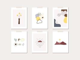 modèle d'affiche de carte de voeux humeur de printemps. feuilles minimalistes, fleurs, soleil, formes abstraites vecteur