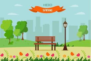 bonjour le printemps, un paysage avec un banc, des maisons, des champs et la nature. illustration vectorielle mignon vecteur