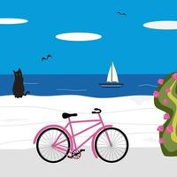 mignonne dessin animé ensoleillé journée grec paysage scène avec noir chat, vélo et mer vecteur illustration