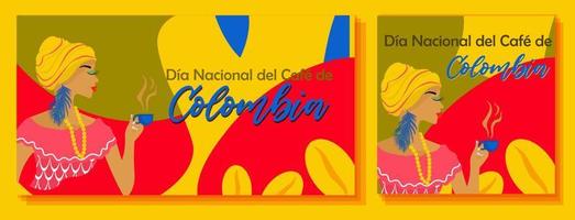 nationale café journée dans Colombie bannière. afro-colombien femme en portant une tasse de café dans sa main. nationale colombien vêtements. une inscription dans Espagnol nationale café journée dans Colombie vecteur