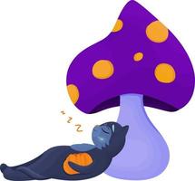 noir chat en train de dormir avec citrouille en dessous de champignon, la magie champignon, Halloween clipart vecteur