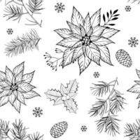modèle sans couture de Noël avec des branches dessinées à la main, des cônes, des fleurs de poinsettia et des flocons de neige sur fond blanc. vecteur