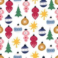 Noël arbre décoration, divers mignonne babioles - sans couture modèle, plat vecteur illustration sur blanc Contexte. main tiré rétro des balles à pendre sur Noël arbre.