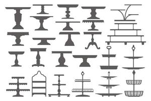 gâteau des stands dans plat icône style. vide plateaux pour fruit et desserts. vecteur silhouettes
