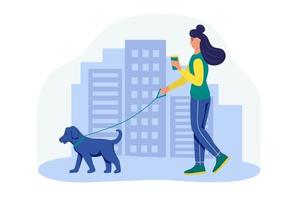 une jeune femme promène son chien dans la rue.le concept de la vie quotidienne, des loisirs quotidiens et des activités professionnelles. illustration vectorielle de dessin animé plat. vecteur