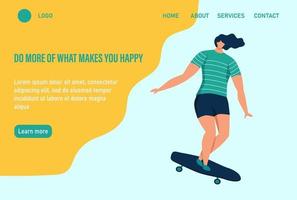 une jeune femme ou un adolescent fait du skateboard. Faites plus de ce qui vous rend heureux. modèle de page Web de destination de page d'accueil de site Web. illustration vectorielle plane. vecteur