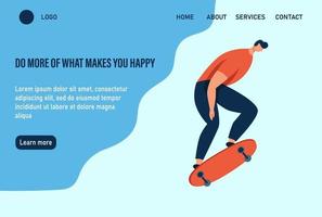 un jeune homme ou un adolescent fait du skateboard. Faites plus de ce qui vous rend heureux. modèle de page Web de destination de page d'accueil de site Web. illustration vectorielle plane. vecteur
