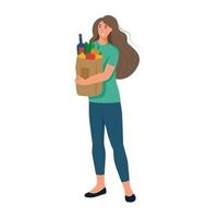 une jeune femme tient un sac d'épicerie avec un produit naturel vecteur