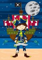 mignonne dessin animé cape et d'épée pirate capitaine avec épées et navire sur le plage par clair de lune vecteur