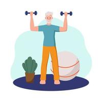 un homme âgé exerçant à la maison. le concept de la vieillesse active, du sport et du yoga. jour des personnes âgées. illustration vectorielle de dessin animé plat. vecteur