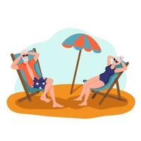 couple de personnes âgées se faire bronzer sur la plage. le concept de vieillesse active. jour des personnes âgées. illustration vectorielle de dessin animé plat. vecteur