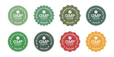 gmp agréé ou bien fabrication entraine toi agréé ensemble badge, timbre, icône, joint, étiqueter, étiqueter, emblème pour cbd étiquette pétrole et emballage conception vecteur illustration