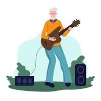 un homme âgé joue de la guitare dans un parc. le concept de vieillesse active. jour des personnes âgées. illustration vectorielle de dessin animé plat. vecteur