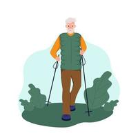 un homme âgé se promène avec des bâtons dans le parc. le concept de marche nordique, de vieillissement actif, de sport. illustration vectorielle de dessin animé plat. vecteur