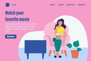 regardez votre film préféré. modèle de page Web de destination de page d'accueil de site Web. une jeune femme regardant la télé. le concept de la vie quotidienne, des loisirs quotidiens et des activités professionnelles. illustration vectorielle de dessin animé plat. vecteur