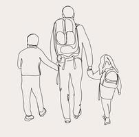minimaliste randonnée ligne art, copains sport, contour dessin, promeneur esquisser, famille, papa avec enfants, les enfants mère vecteur