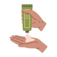 les femmes foncé peau main pressant crème de une vert tube sur une palmier. vecteur soin de la peau illustration. noir fille en utilisant main crème. du quotidien cosmétique.