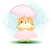 Hamster Doodle Mignon Tenant Un Personnage De Dessin Animé Parapluie Rose Vecteur Premium