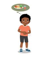 mignonne peu africain garçon ressentir faim émouvant sa estomac vouloir à manger petit déjeuner vecteur
