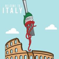 Rome Colisée point de repère et fourchette avec Pâtes Italie Voyage carte postale vecteur illustration