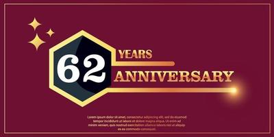 62e anniversaire or Couleur logotype style avec hexagone forme avec blanc Couleur nombre Police de caractère sur rouge Contexte vecteur illustration