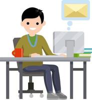 jeune homme assis à table avec ordinateur et reçoit une lettre. e-mail dans messenger, discuter avec des amis sur internet. illustration plate de dessin animé. travailler au bureau. enveloppe postale à bulles vecteur