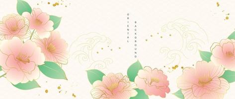 luxe Oriental fleur Contexte vecteur. élégant rose pivoine fleurs d'or ligne art avec Oriental vague ligne modèle et or brosse encre laissez tomber texture. conception pour décor, fond d'écran, affiche, bannière, carte.