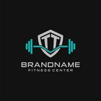 Créatif lettre tt logo conception pour Gym ou aptitude avec Facile bouclier et haltère conception style vecteur