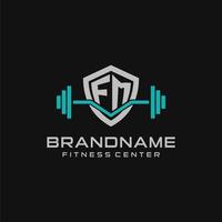 Créatif lettre fm logo conception pour Gym ou aptitude avec Facile bouclier et haltère conception style vecteur