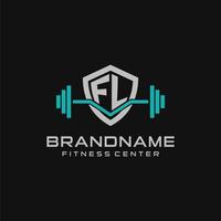 Créatif lettre fl logo conception pour Gym ou aptitude avec Facile bouclier et haltère conception style vecteur