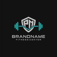 Créatif lettre pn logo conception pour Gym ou aptitude avec Facile bouclier et haltère conception style vecteur