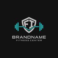 Créatif lettre Fi logo conception pour Gym ou aptitude avec Facile bouclier et haltère conception style vecteur