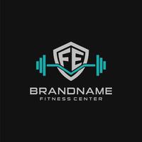 Créatif lettre fe logo conception pour Gym ou aptitude avec Facile bouclier et haltère conception style vecteur