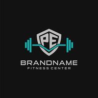 Créatif lettre pe logo conception pour Gym ou aptitude avec Facile bouclier et haltère conception style vecteur
