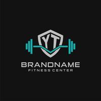 Créatif lettre yt logo conception pour Gym ou aptitude avec Facile bouclier et haltère conception style vecteur