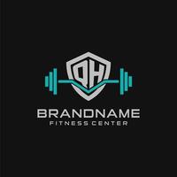 Créatif lettre qh logo conception pour Gym ou aptitude avec Facile bouclier et haltère conception style vecteur