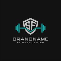 Créatif lettre sf logo conception pour Gym ou aptitude avec Facile bouclier et haltère conception style vecteur