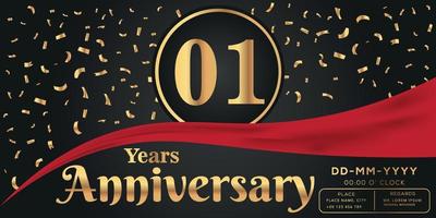01ème ans anniversaire fête logo sur foncé Contexte avec d'or Nombres et d'or abstrait confettis vecteur conception