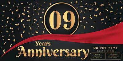 09ème ans anniversaire fête logo sur foncé Contexte avec d'or Nombres et d'or abstrait confettis vecteur conception