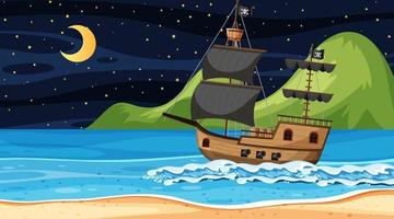 océan avec bateau pirate à la scène de nuit en style cartoon vecteur