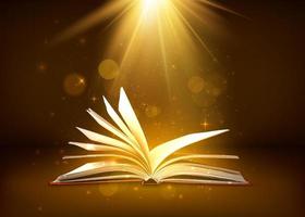 mystère ouvert livre avec brillant pages dans marron couleurs. fantaisie livre avec la magie lumière scintille et étoiles. vecteur illustration