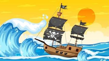 océan avec bateau pirate à la scène du coucher du soleil en style cartoon vecteur